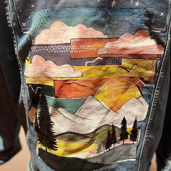 Pull Bear Denim Jacket Hand Painted Mountain Sunset Scene Mens XL - Picture 3 of 8
